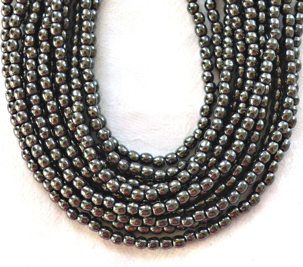 Lot of 100 3mm metallic dark gray hematite Czech glass druks, smooth round druk beads C0038