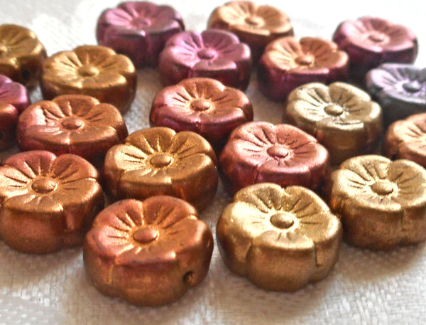 Lot of 20 12mm purple. blue, pink, orange & gold metallic Czech glass flower beads, bronze iris pressed glass Hawaiian flowers, C06101 - Glorious Glass Beads
