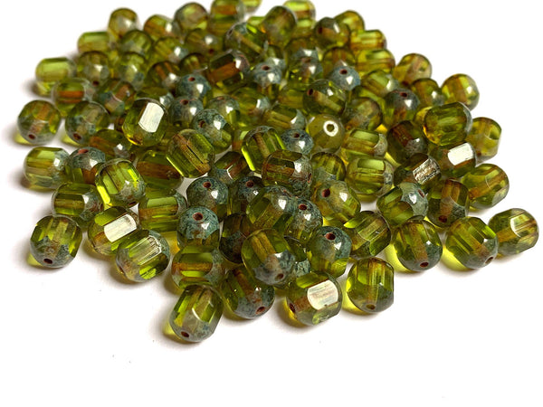 15 Czech glass faceted cathedral or barrel beads six sides - 8mm fire polished olive green beads with a picasso finish on the ends C0007