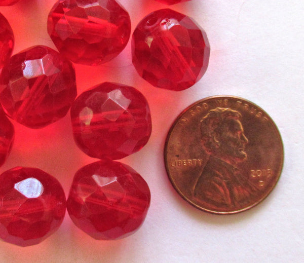 Ten Czech glass fire polished faceted round beads - 12mm transparent siam red beads C0038