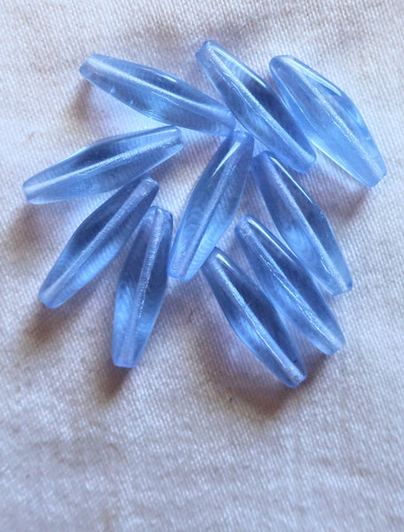 Lot of ten Cech glass lantern beads - 24 x 9mm light sapphire blue long lantern or tube beads C0501