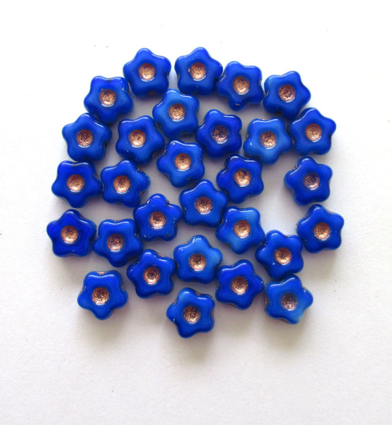 Lot of 10 Czech glass flower beads - 11mm opaque royal blue table cut beads with gold picasso accents - 00029