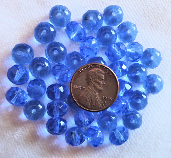 Lot of 25 transparent sapphire blue puffy rondelles - 6 x 9mm faceted blue Czech glass rondelle beads - C0054