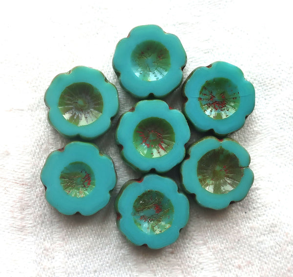Six 14mm Czech glass flower beads, opaque turquouse blue green picasso, table cut, carved Hawaiian Flower beads C02106