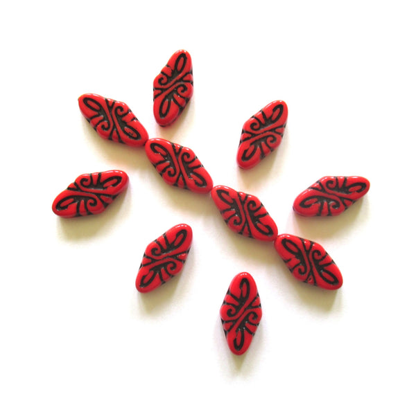 8 Czech glass arabesque beads - 9 x 19mm opaque red diamond shaped engraved beads with a black wash - C0058