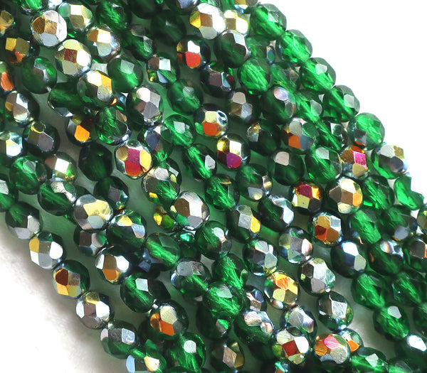 Lot of 25 6mm Marea Emerald Green Czech Glass beads, firepolished faceted round glass beads C0401 - Glorious Glass Beads