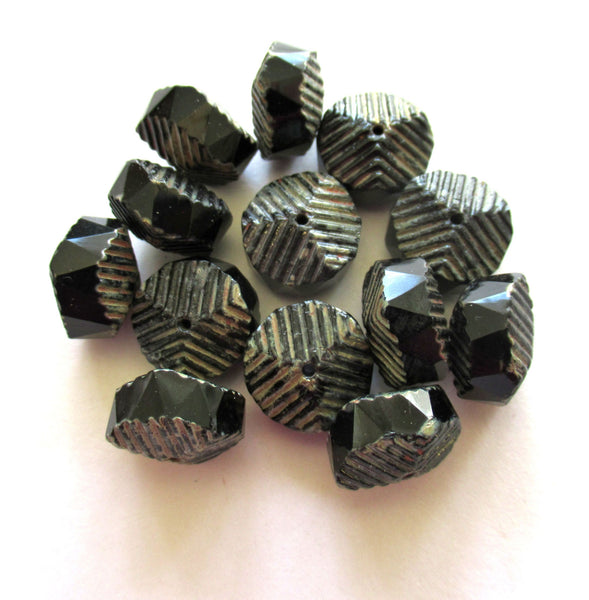 Six Czech glass faceted wavy rondelle beads - large 14 x 6mm opaque black picasso chunky rondelles - C00661