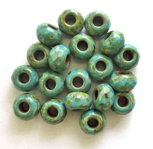 Five 12mm x 8mm Czech glass large faceted round roller, rondelle beads - opaque turquoise blue green picasso - big 5mm hole bead C00081