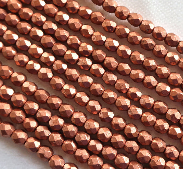 50 4mm Matte Metallic Copper Czech glass beads, firepolished, faceted round beads C8650