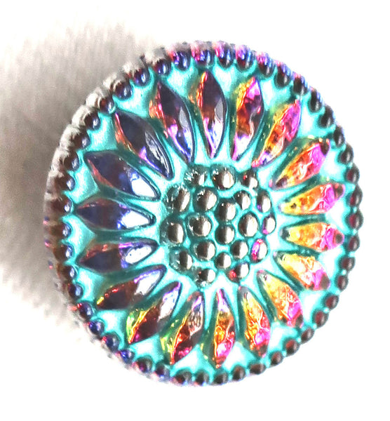 One 18mm Czech glass button, iridescent pink & yellow sunflower with a turquoise wash, floral decorative shank button 52201 - Glorious Glass Beads