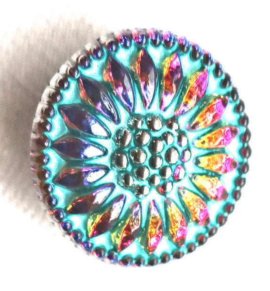 One 18mm Czech glass button, iridescent pink & yellow sunflower with a turquoise wash, floral decorative shank button 52201 - Glorious Glass Beads