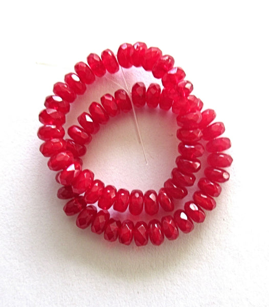 30 small picasso puffy rondelle beads - 3mm x 5mm translucent red opaline faceted Czech glass rondelles 00131