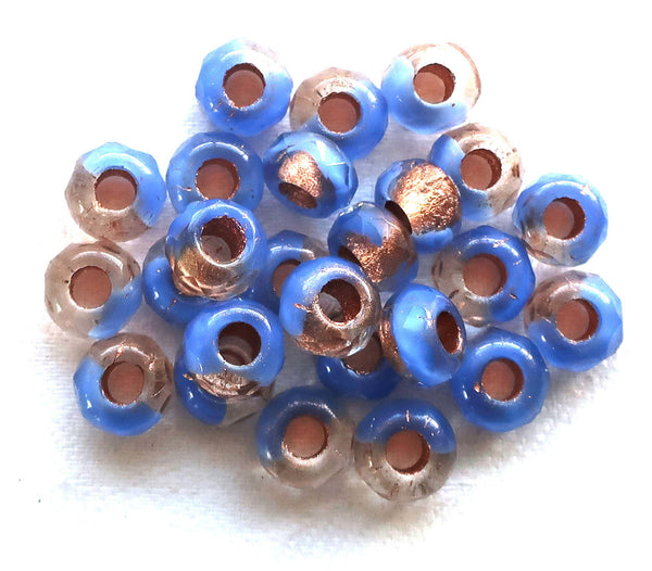 Ten Czech glass roller beads, 9mm x 6mm periwinkle blue & crystal, copper lined, faceted roller, rondelle beads, big 3.5mm hole beads C02110 - Glorious Glass Beads