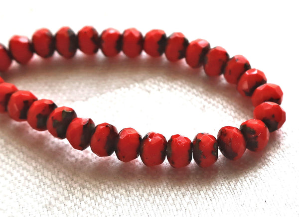 30 small, opaque bright red picasso puffy rondelle beads, 3mm x 5mm faceted Czech glass rondelles 51101 - Glorious Glass Beads