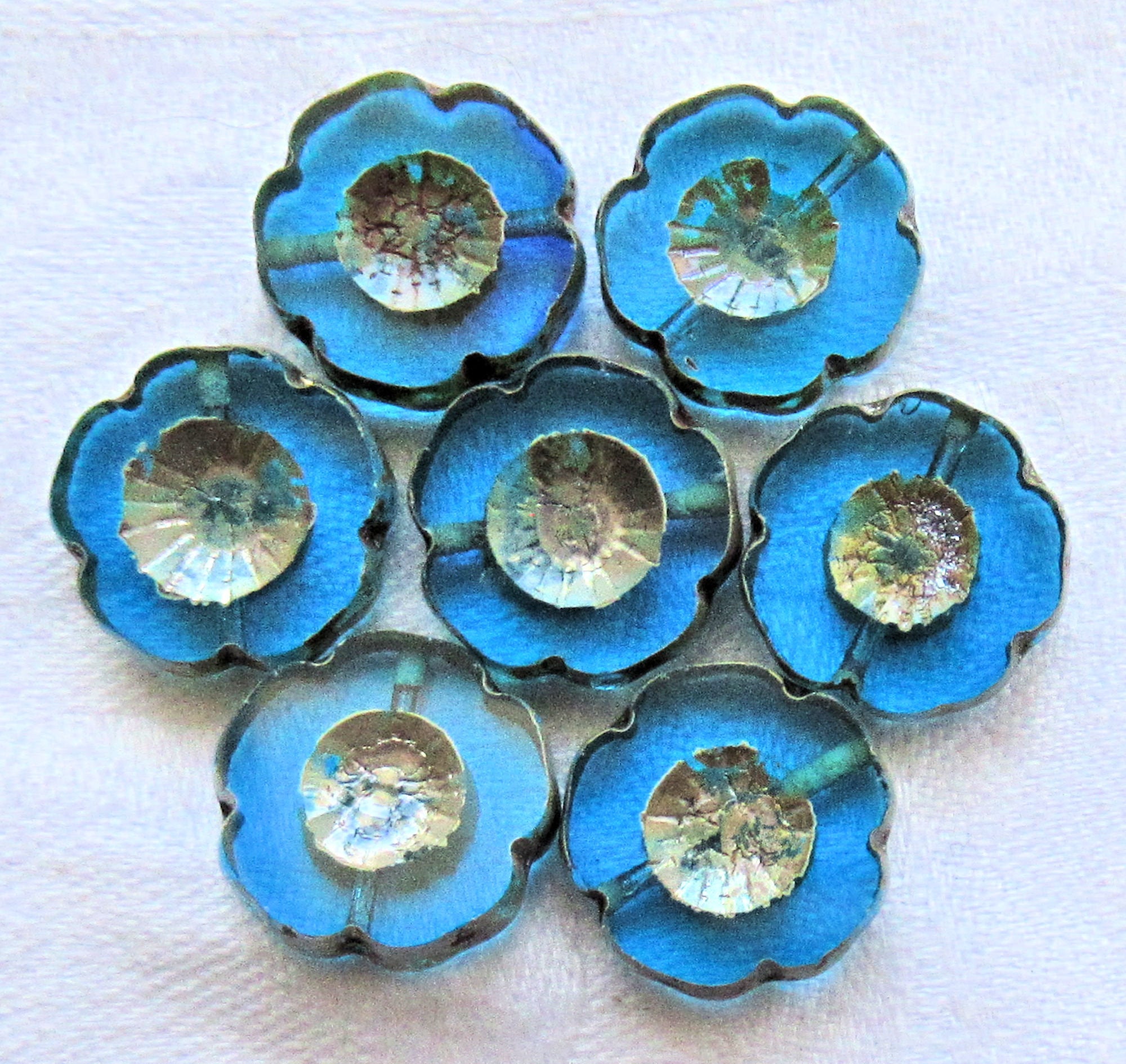 Lot of five 14mm Czech glass flower beads, table cut, carved, transparent capri blue picasso Hawaiian flower beads C02101 - Glorious Glass Beads