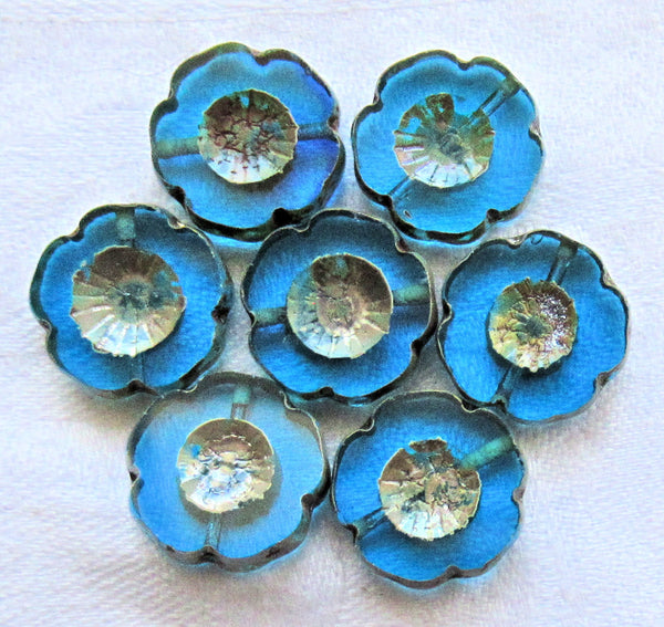 Lot of five 14mm Czech glass flower beads, table cut, carved, transparent capri blue picasso Hawaiian flower beads C02101 - Glorious Glass Beads