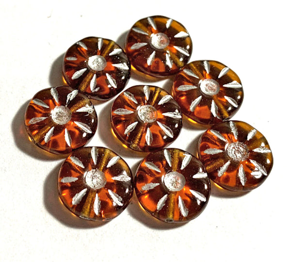 Eight 12mm Czech glass flower beads - round, carved, topaz or amber daisy, coin, disc or wheel beads w/ silver accents C0088