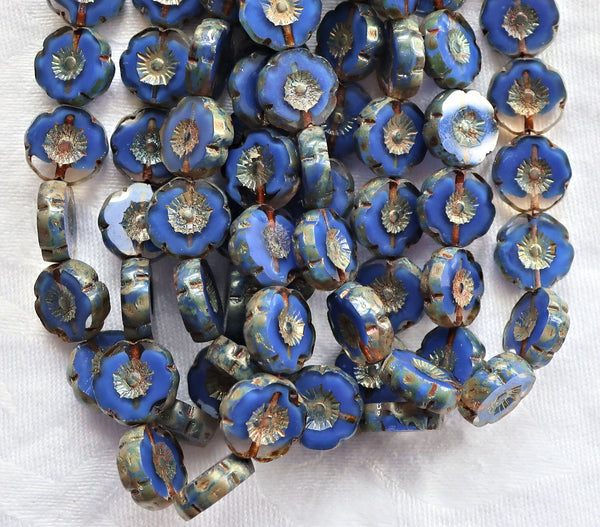 12 Czech glass flower beads - 12mm table cut, carved, sapphire blue & crystal clear picasso Hawaiian floral beads C26101 - Glorious Glass Beads