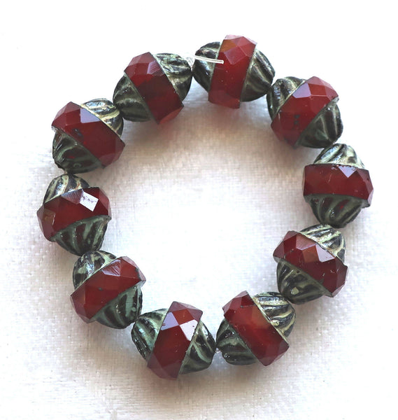 Five Czech glass faceted turbine beads, 11 x 10mm translucent garnet red with a picasso finish C54101 - Glorious Glass Beads