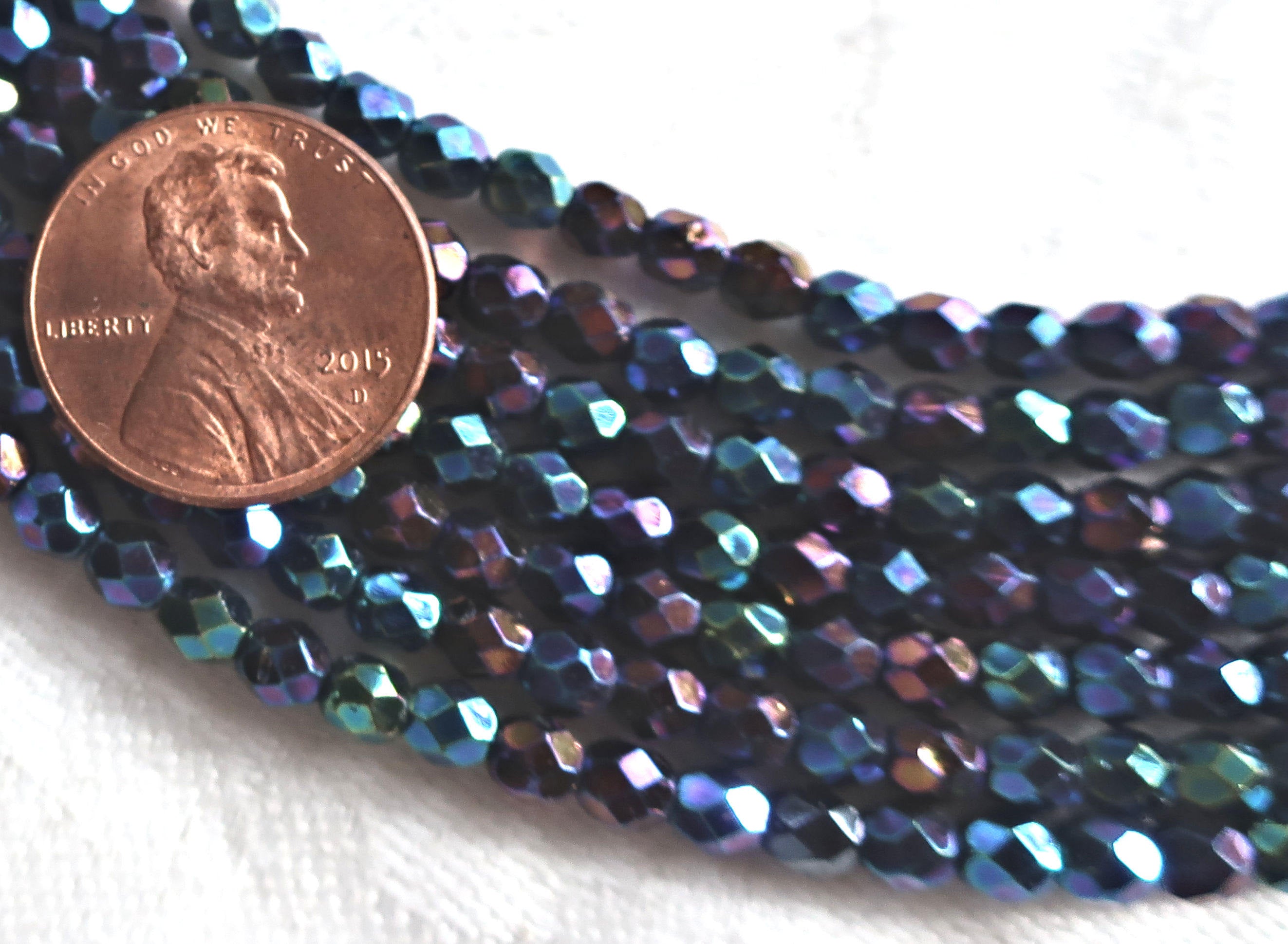 Lot of 50 4mm Blue Iris Czech glass beads, round faceted firepolished beads, C1650 - Glorious Glass Beads