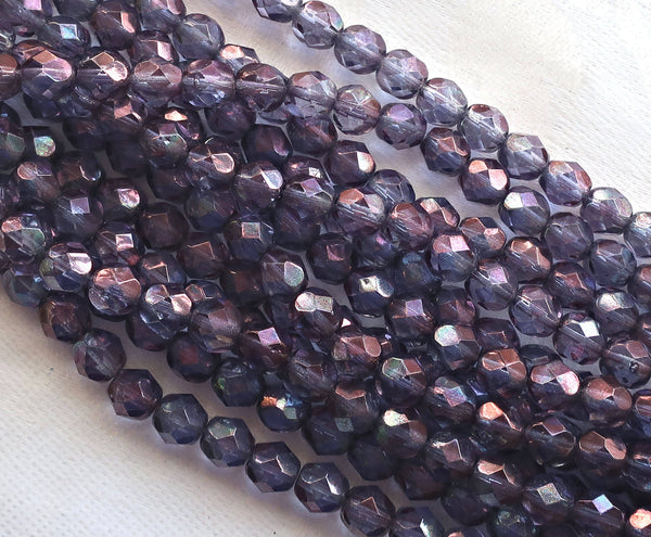 lot of 25 6mm Luster Amethyst Czech glass beads, Transparent Purple Luster, firepolished, faceted round beads C1501