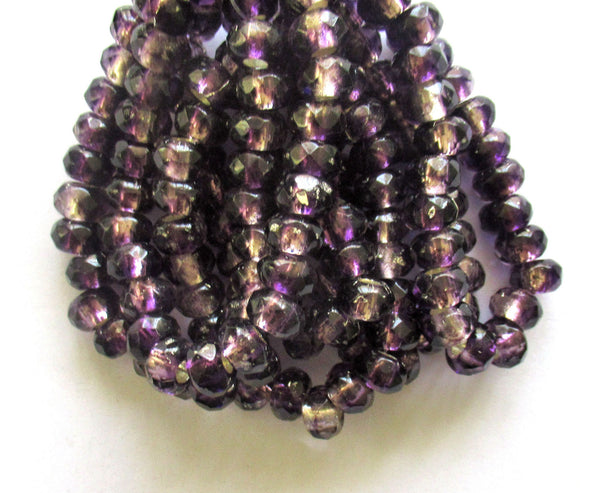 Ten Czech glass roller beads - 8.5 x 5mm tanzanite purple silver lined, faceted roller, rondelle, big 3.5mm hole beads C00621