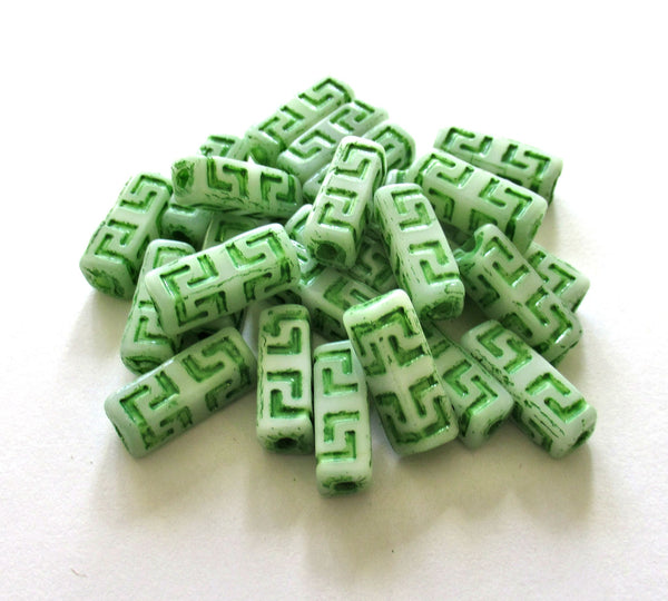 12 Czech glass beads - squared tube beads - Celtic block beads - white with a green wash - 15 x 5mm C0045
