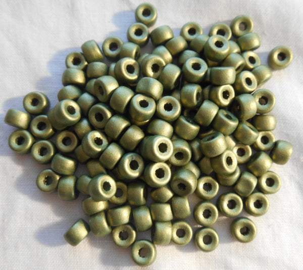 50 6mm Czech Matte Metallic Olive Green glass pony roller beads, large hole crow beads, C9350