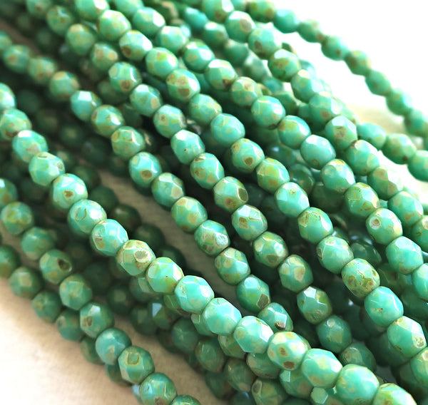 Lot of 50 3mm opaque Turquoise Blue Green Picasso Czech glass beads, firepolished faceted round beads, C1550