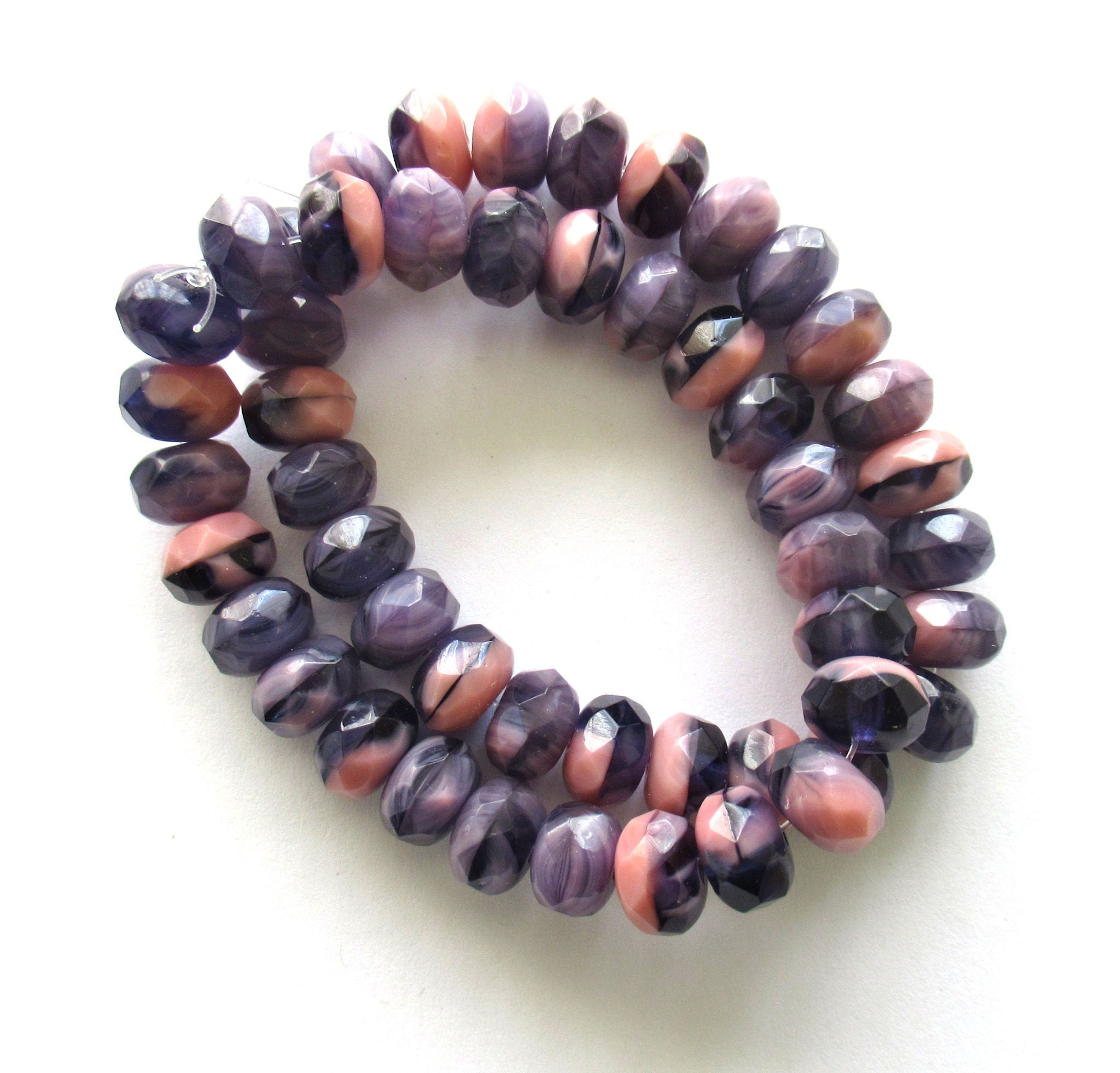 25 Czech glass puffy rondelle beads - 6 x 9mm, opaque amethyst / purple & pink color mix faceted rondelles, bronze picasso finish 00662