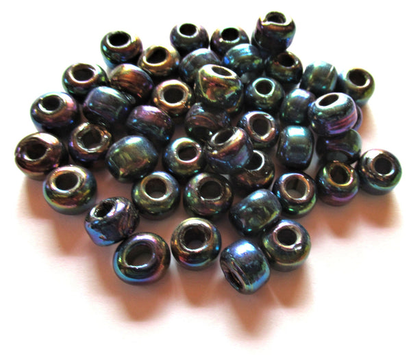 25 9mm Jet Black luster glass pony roller beads - large hole, big hole crow beads, Made in India, C0094