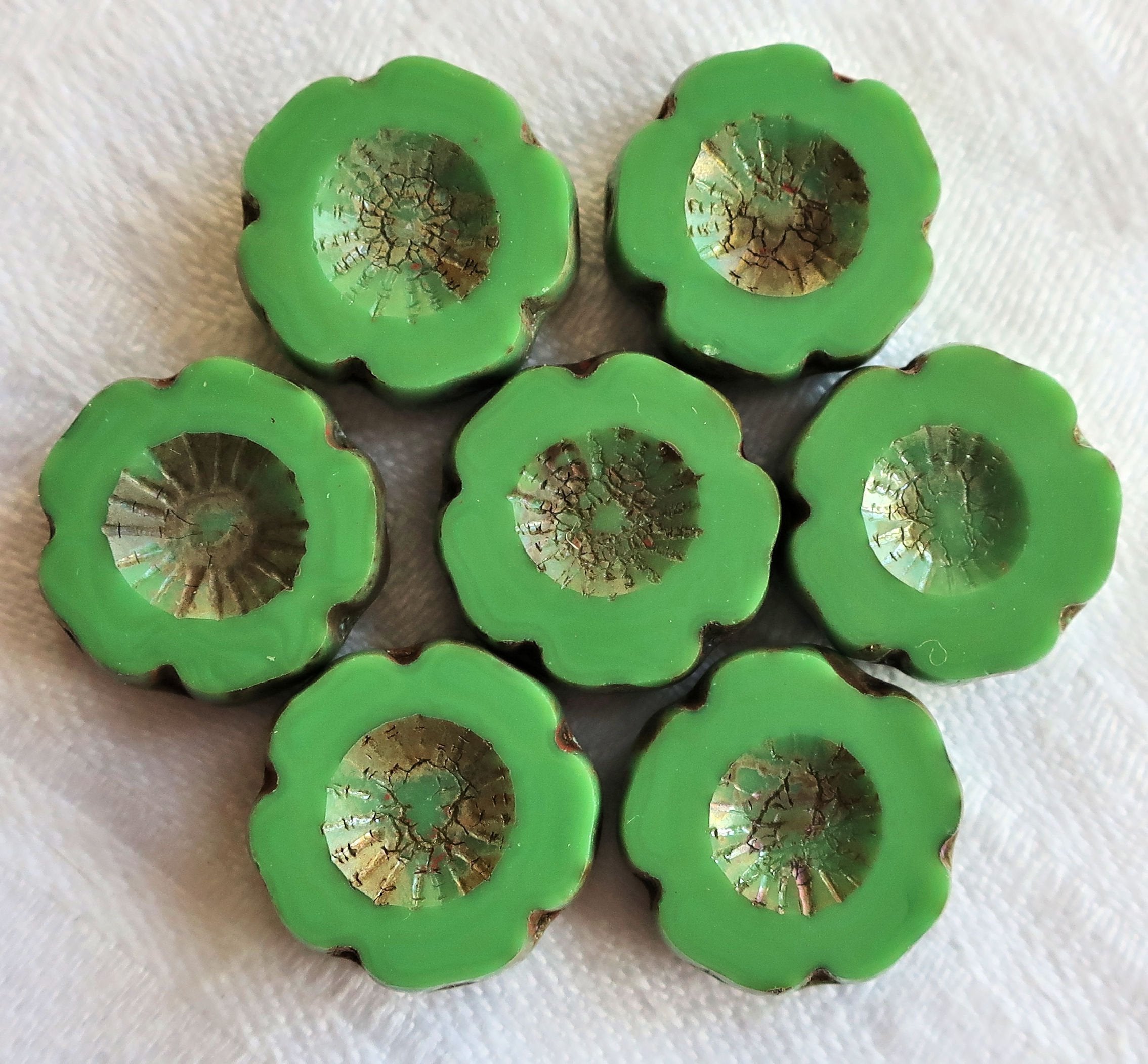 Six 14mm table cut, carved, opaque green picasso Czech glass Hawaiian Flower beads C80106 - Glorious Glass Beads