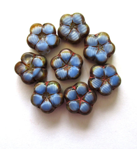 Lot of 6 Czech glass flower beads - 16mm table cut carved opaque silky blue & crystal marbled glass with picasso accents C00591