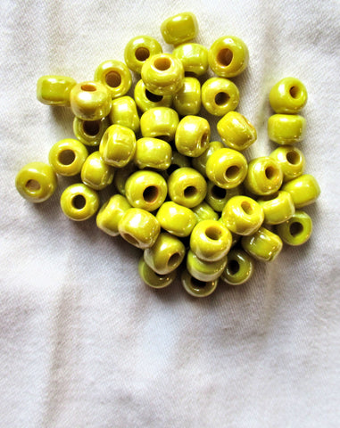25 9mm opaque bright yellow luster glass pony roller beads, large hole, big hole crow beads, Made in India, C6401