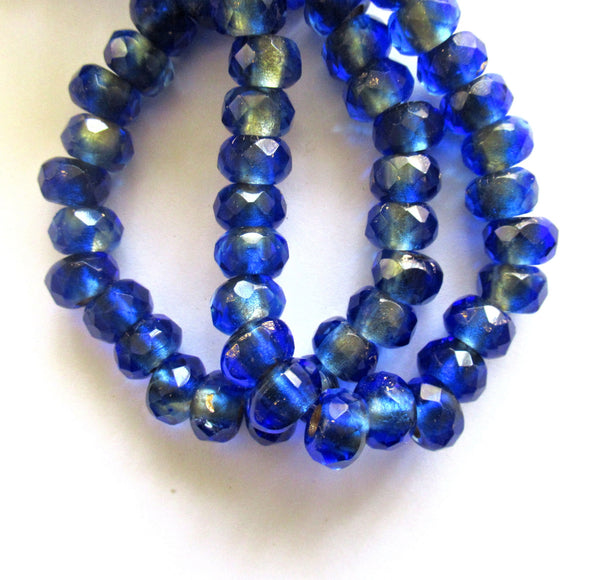 Ten Czech glass roller beads - 8.5 x 5mm sapphire blue gold lined, faceted roller, rondelle, big 3.5mm hole beads C00621