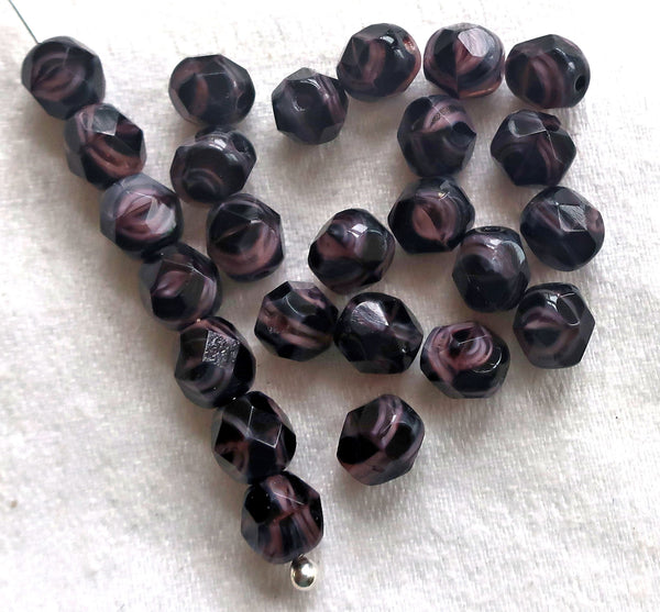 25 6mm Czech glass faceted round beads, Dark opaque amethyst. purple & white Swirl, marbled firepolished beads, sale price C35925 - Glorious Glass Beads