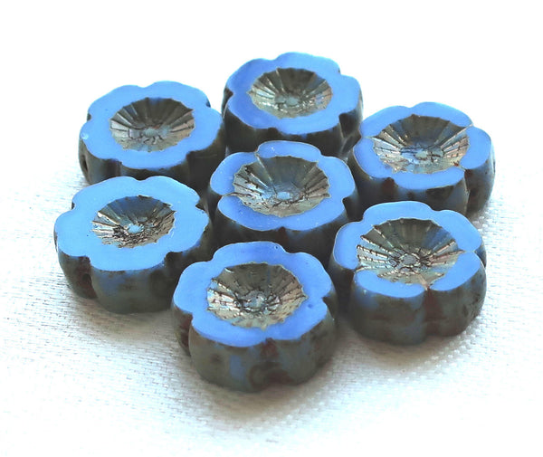 Six Czech glass flower beads; 14mm table cut, carved, opaque ocean blue Hawaiian flower beads with a picasso finish C02106 - Glorious Glass Beads