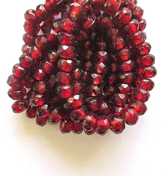 Ten Czech glass roller beads - 7.5 x 5mm ruby red gold lined, faceted roller, rondelle beads - big 3.5mm hole beads C00621