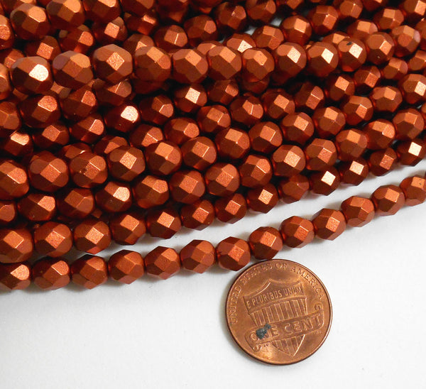 25 6mm Matte Metallic Antique Copper Czech glass beads, firepolished, faceted round beads, C7425