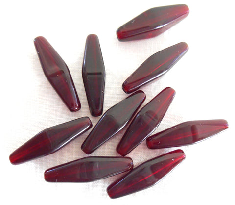 10 24 x 9mm garnet, ruby red glass long lantern or tube beads C4210