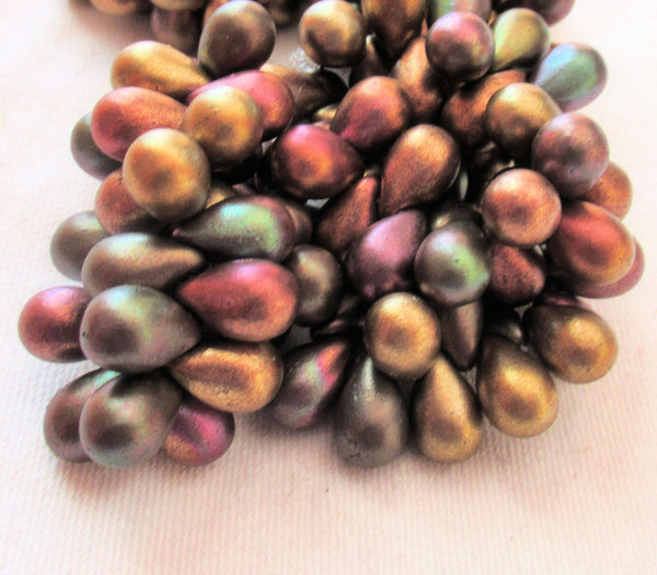 Lot of 25 Czech glass drop beads - opaque matte metallic color mix- smooth teardrop beads - 9 x 6mm C60101