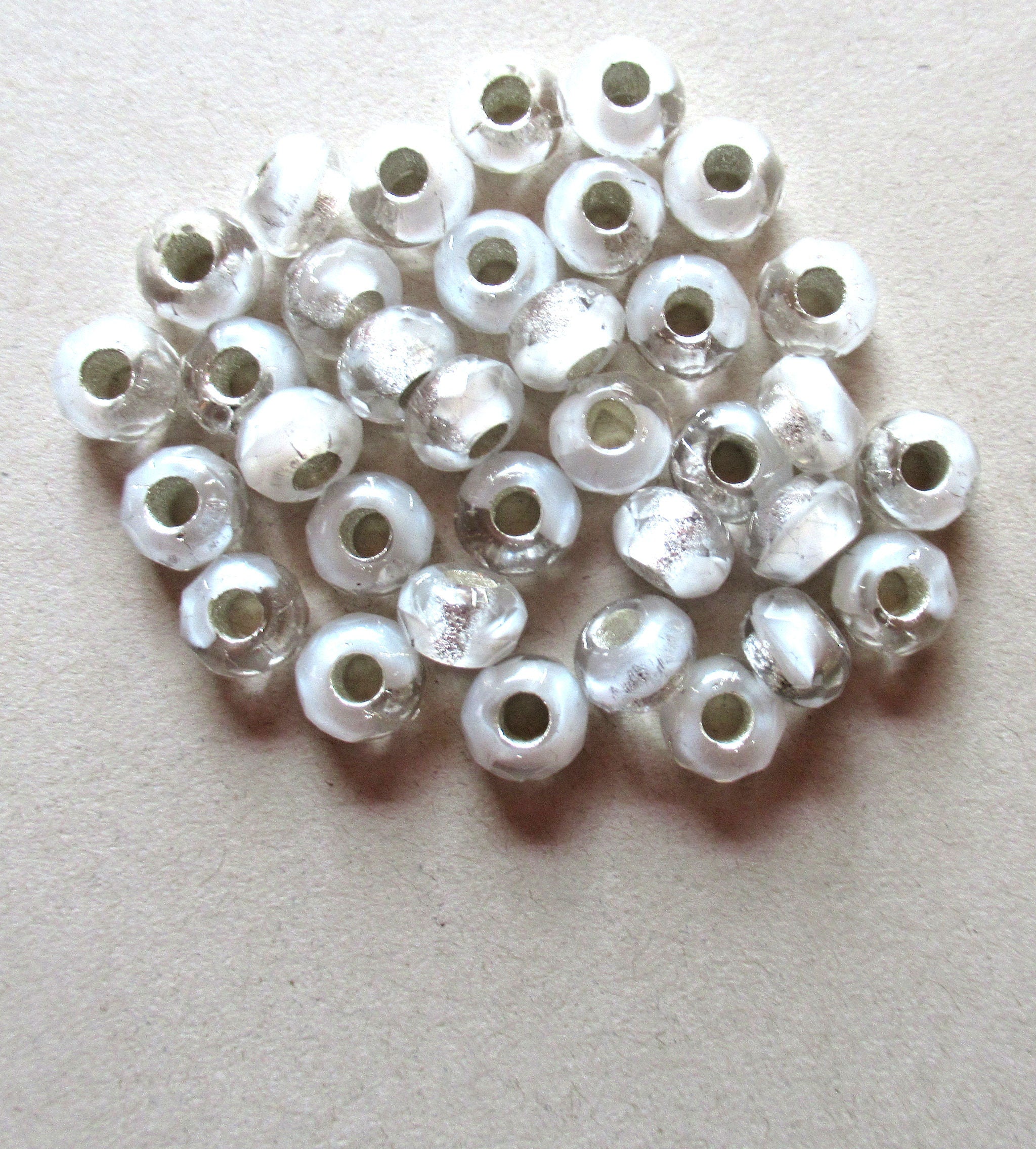 Ten Czech glass faceted roller beads - 6 x 9mm - silver lined crystal & white tyre bead mix - big 3.38mm hole beads C0008