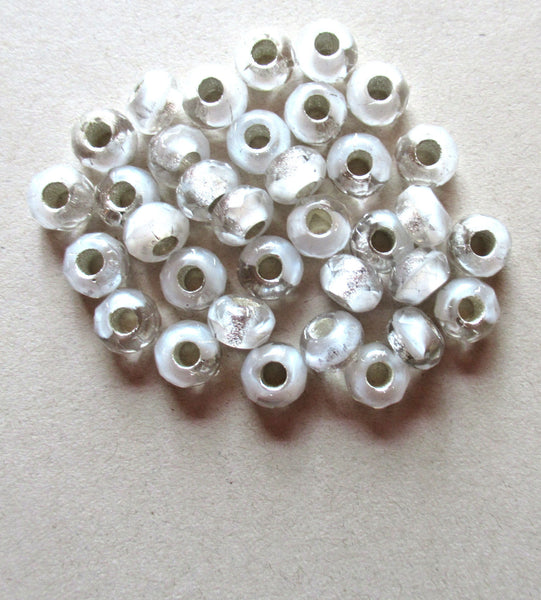 Ten Czech glass faceted ronller beads - 6mm x 8mm silver lined crystal & white tyre bead mix - big 3.38mm hole beads C0008