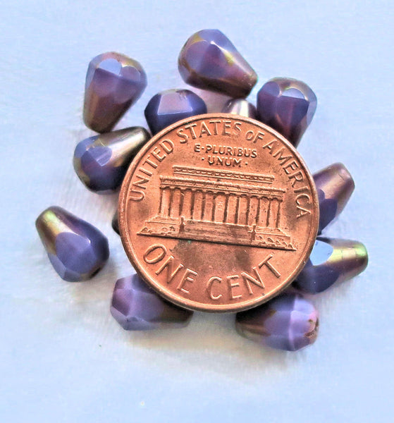 Lot of 15 8 x 6mm Czech glass teardrop beads - opaque purple silk with a bronze accents - special cut, faceted, firepolished beads C04101 - Glorious Glass Beads