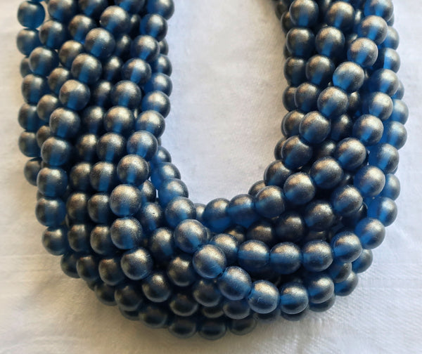 Lot of 50 6mm Sueded Gold Capri Blue Czech glass druk beads, golden blue suede smooth round druks, C4901 - Glorious Glass Beads