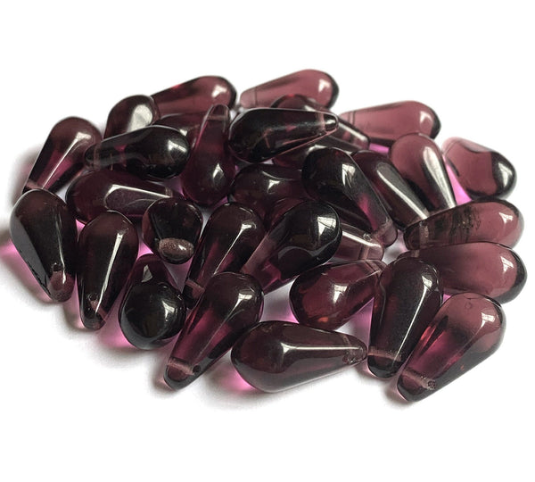 Ten large Czech glass teardrop beads - 9 x 18mm transparent amethyst purple pressed glass side drilled faceted drops six sides C0063