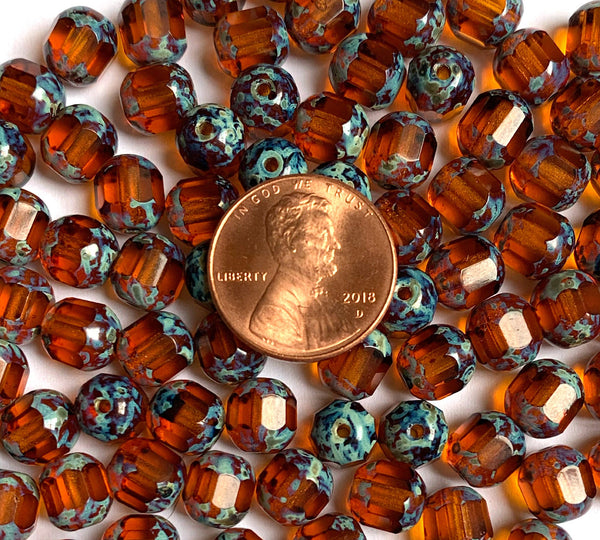 15 Czech glass faceted cathedral or barrel beads six sides - 8mm fire polished amber beads with picasso finish on the ends C0096