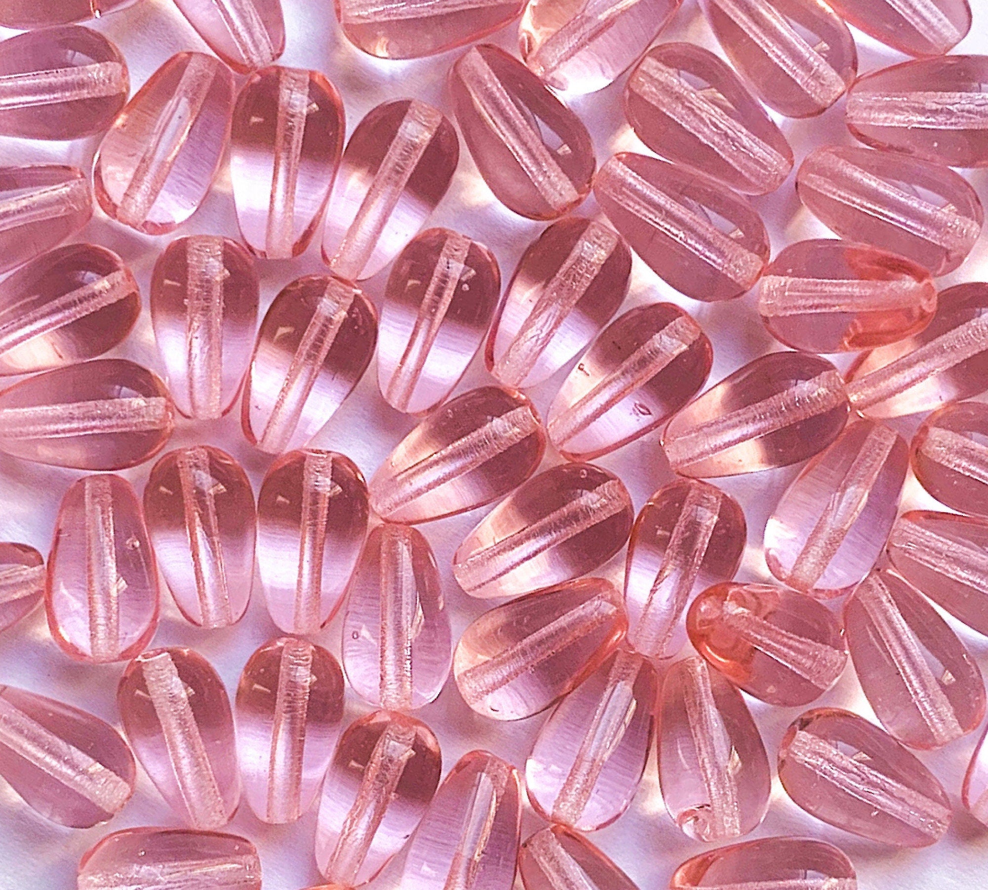 Lot of 25 10 x 6mm Czech glass rosaline pink teardrop beads - center drilled smooth drop beads C0053