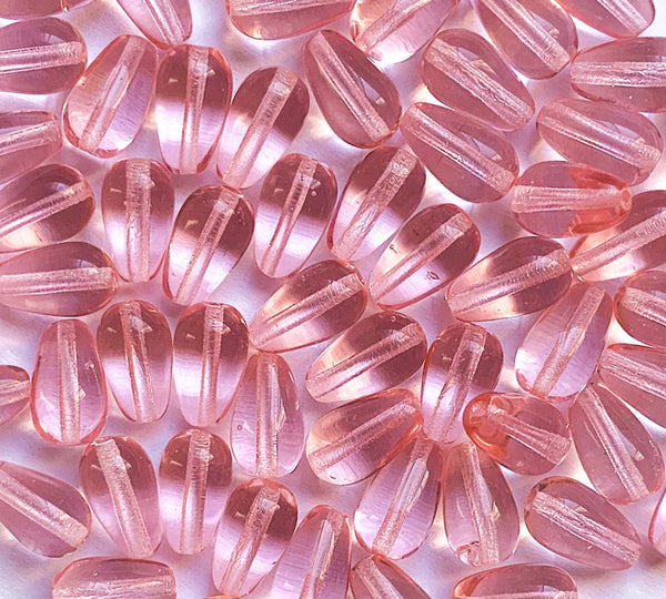 Lot of 25 10 x 6mm Czech glass rosaline pink teardrop beads - center drilled smooth drop beads C0053