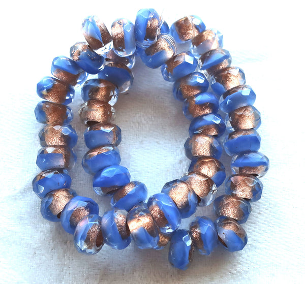 Ten Czech glass roller beads, 9mm x 6mm periwinkle blue & crystal, copper lined, faceted roller, rondelle beads, big 3.5mm hole beads C02110